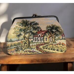 Vintage Embroidered Tapestry Change Purse Wallet Snap Shut 6" x 4.5" Cottage